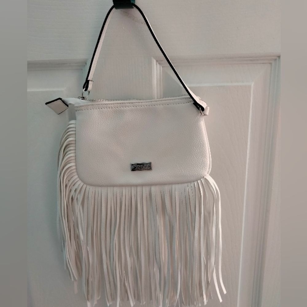 White Leather Fringe Wristlet by Carlos